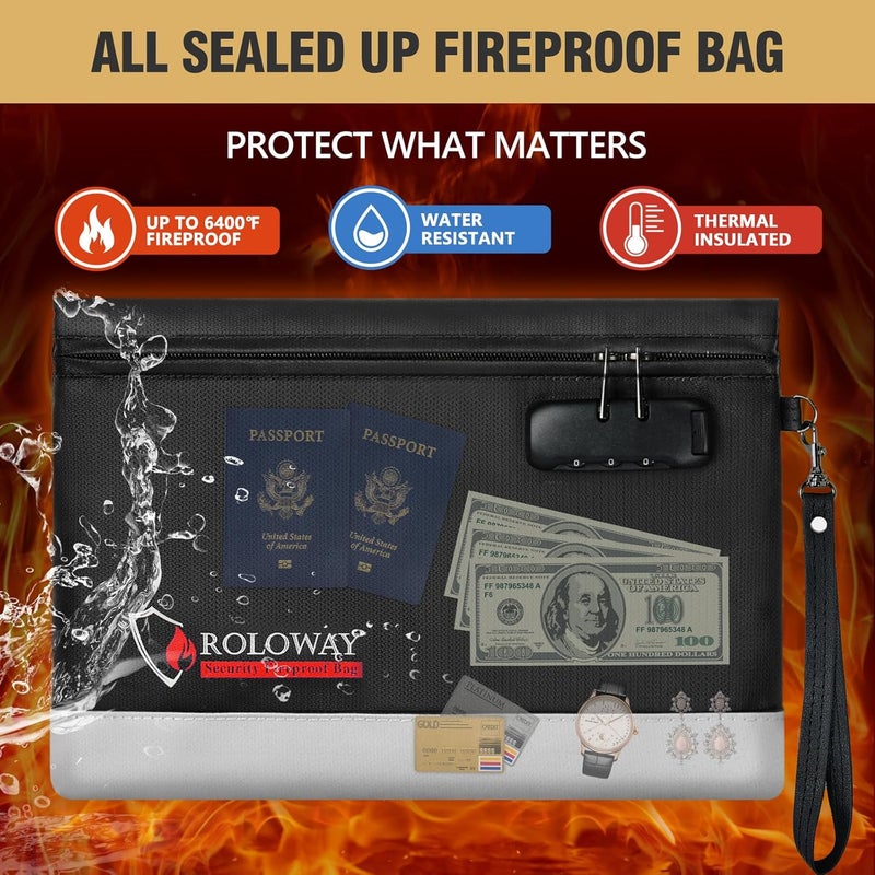 ROLOWAY Fireproof Money Bag with Lock for Cash, 6400°F Fire Proof Document Bag (12.2 x 8.5 x 1.6 inches), Money Pouch with Zipper (Black) - Image 3